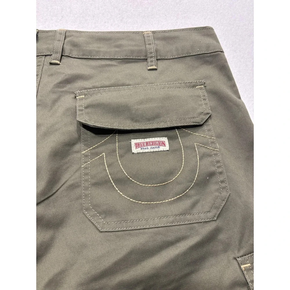 True Religion Mens 32 Green Cargo Shorts Canvas Utility Logo 12in Inseam Outdoor